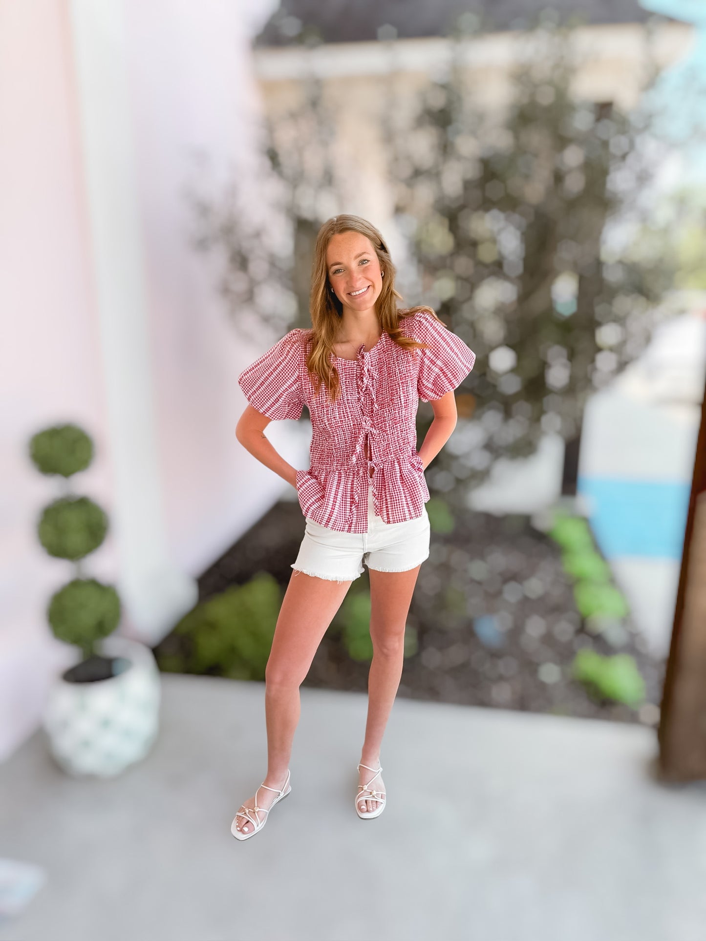 Raspberry Seersucker Smocked Blouse