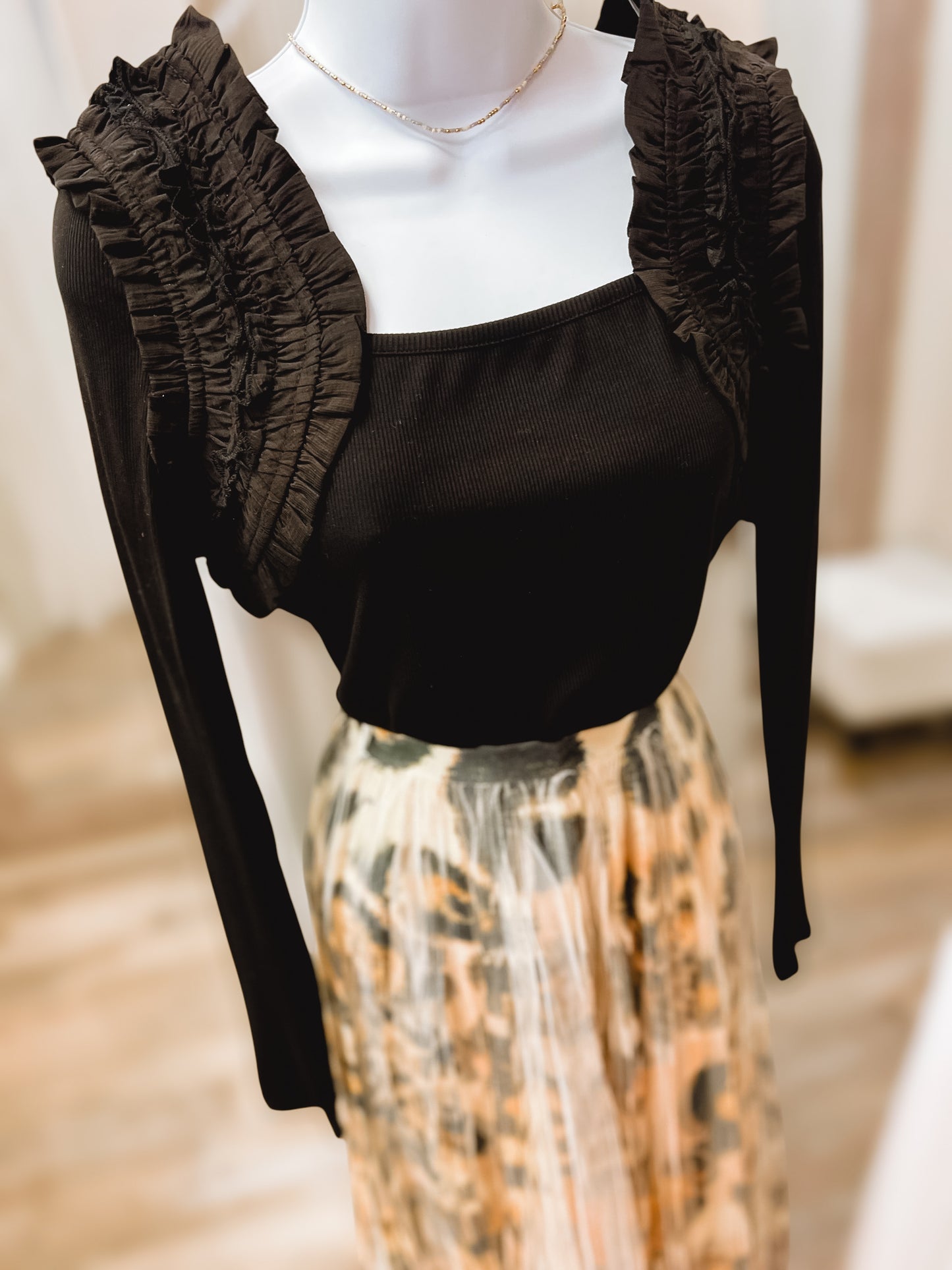 Black Shoulder Ruffle LS Knit Top