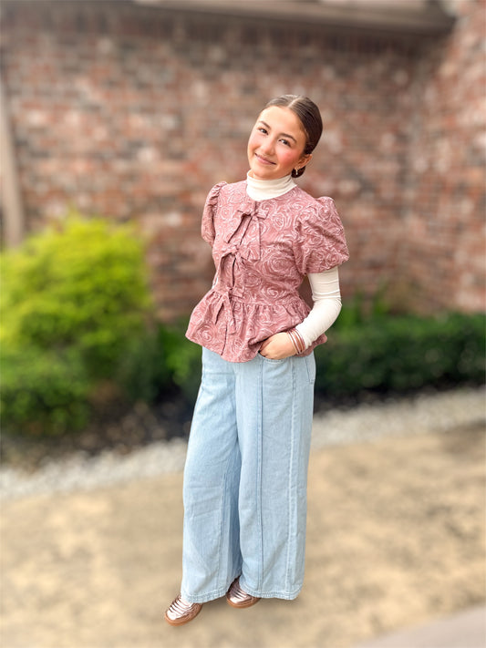 Mauve Rose Jacquard Puff Sleeve Blouse