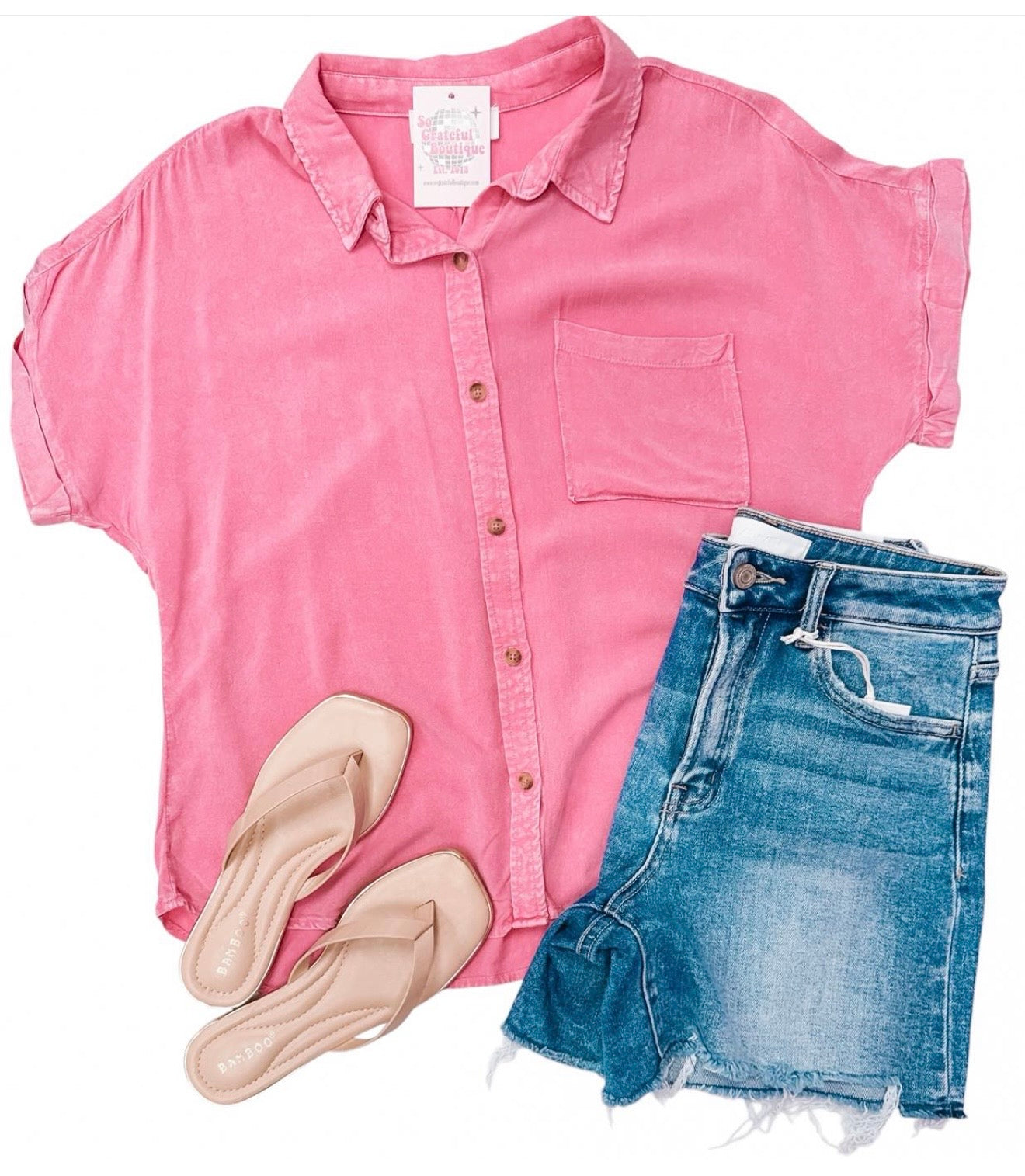 Taffy Pink Mineral Washed SS Button Up