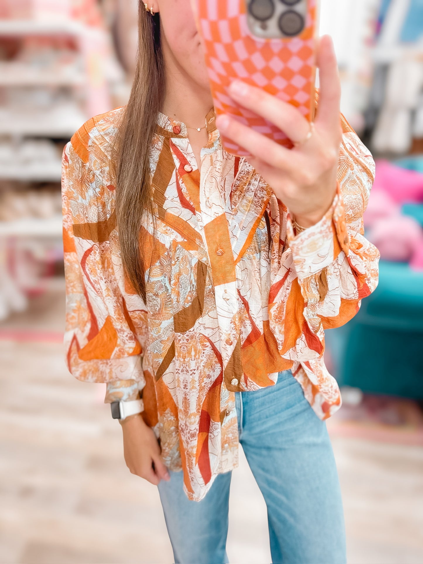 Pumpkin Spice Printed LS Button Down Blouse
