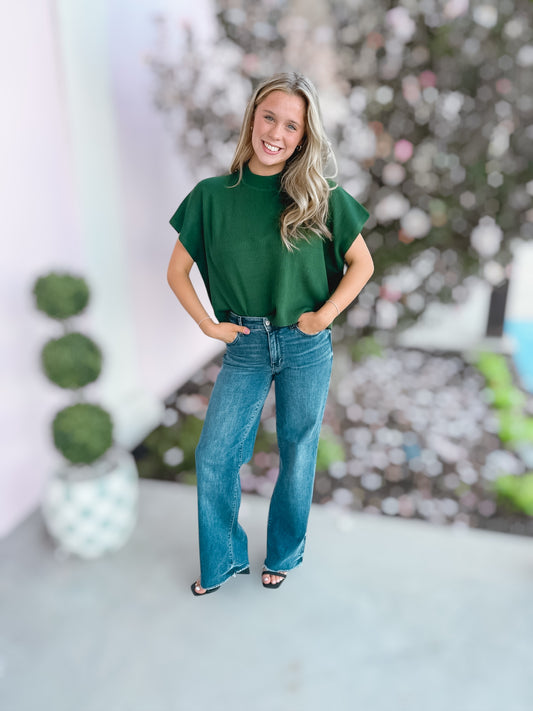 Swept Away Ribbed Mock Neck in Dark Green