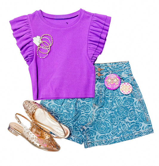 Jewel Purple Crop Ruffle Detail Top