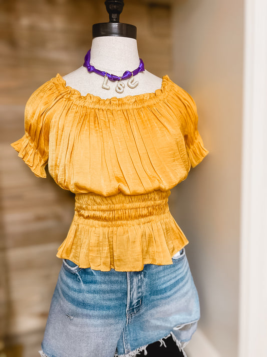 Shine Gold Satin Smocked Top
