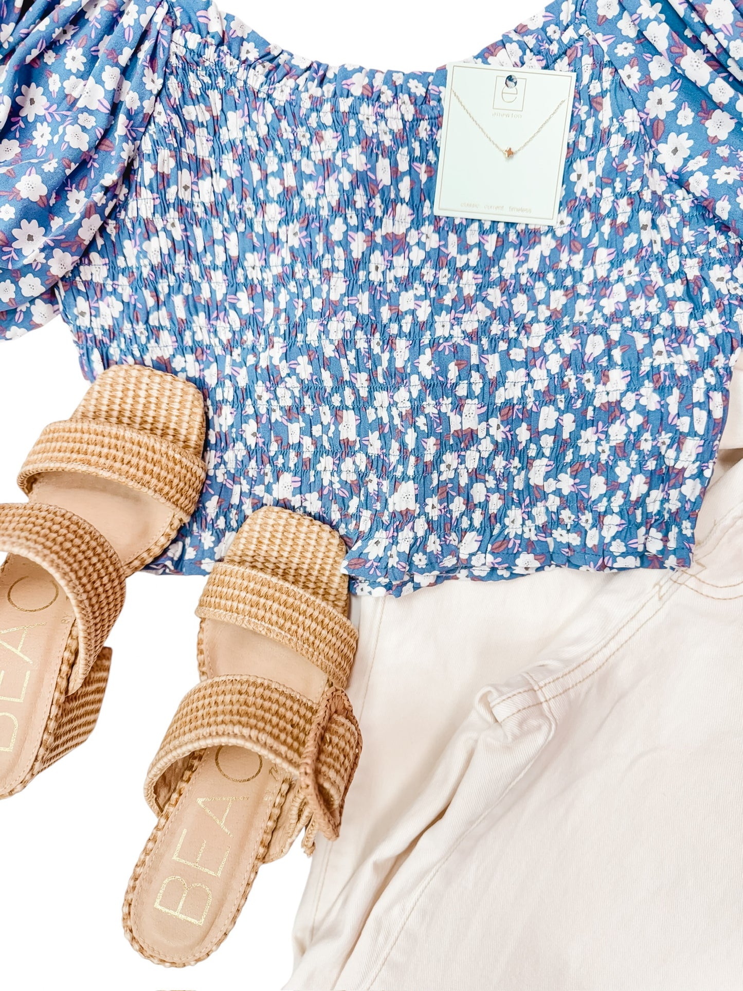 Denim Bloom Print Puff Sleeve Smocked Top