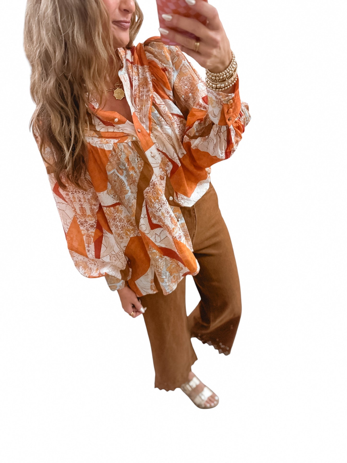 Pumpkin Spice Printed LS Button Down Blouse