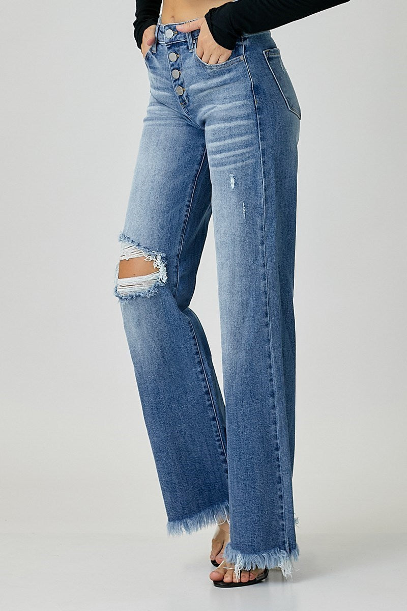 Solice Mid Rise Button Down Wide Leg Jeans
