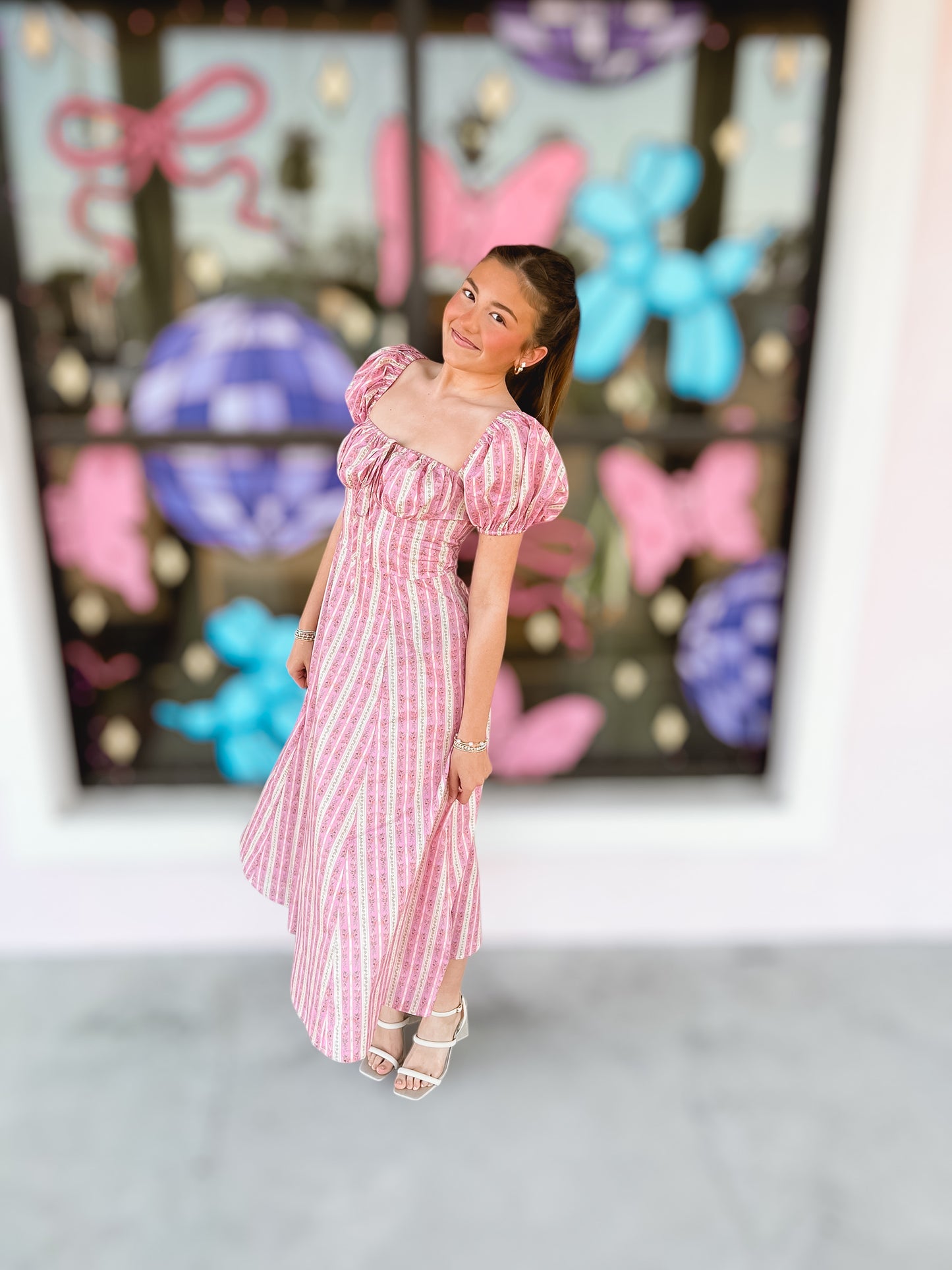 Say It Ain’t So Pink Striped Floral Midi Dress