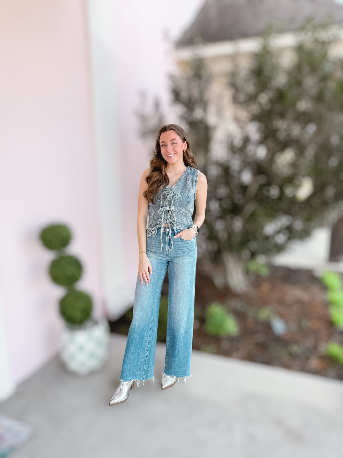 Daisy Embroidered Denim Vest