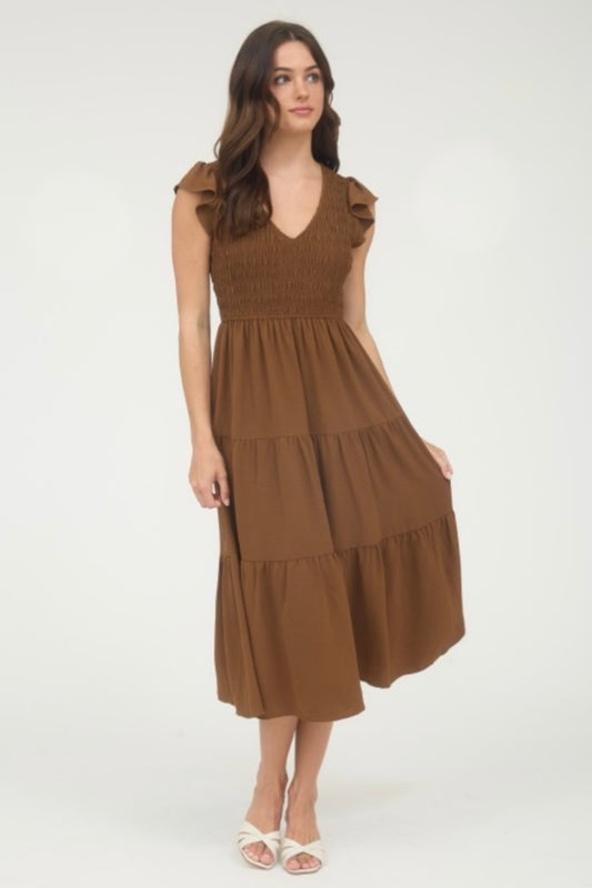 Dark Brown Flutter Sleeve Maxi Dress