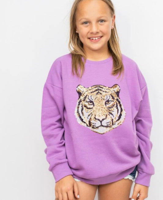Youth Tiger Face Sequin Sweatshirt