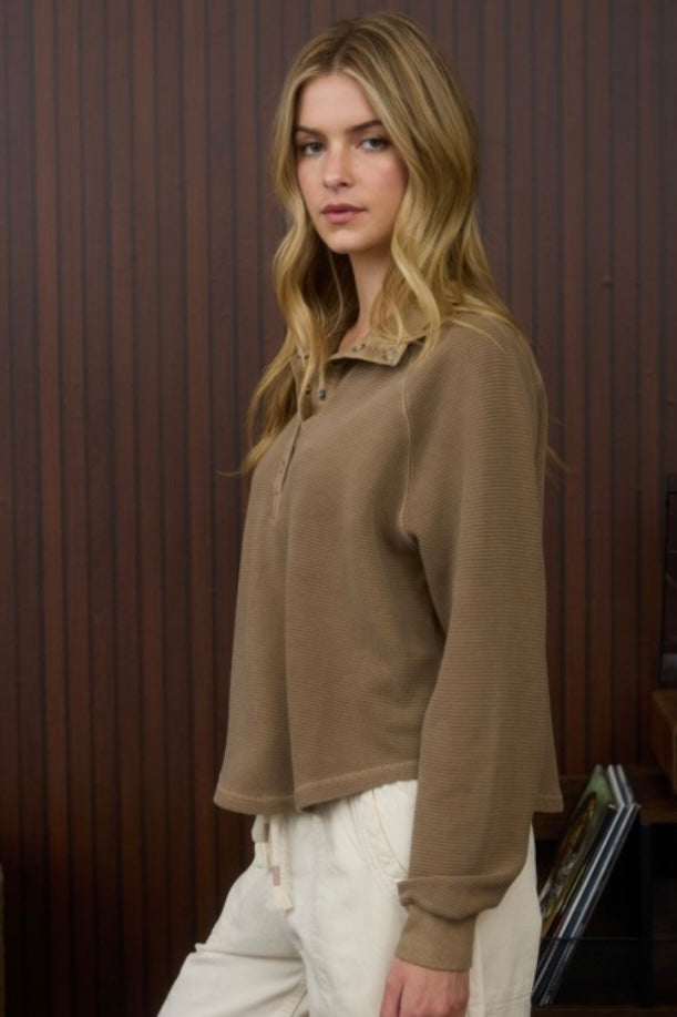 Mocha Half Snap Long Sleeve Top