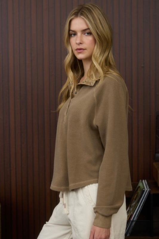 Mocha Half Snap Long Sleeve Top