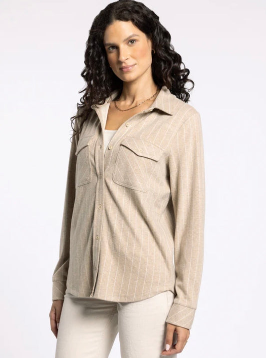 Cassian Button Up in Camel Ivory Stripe