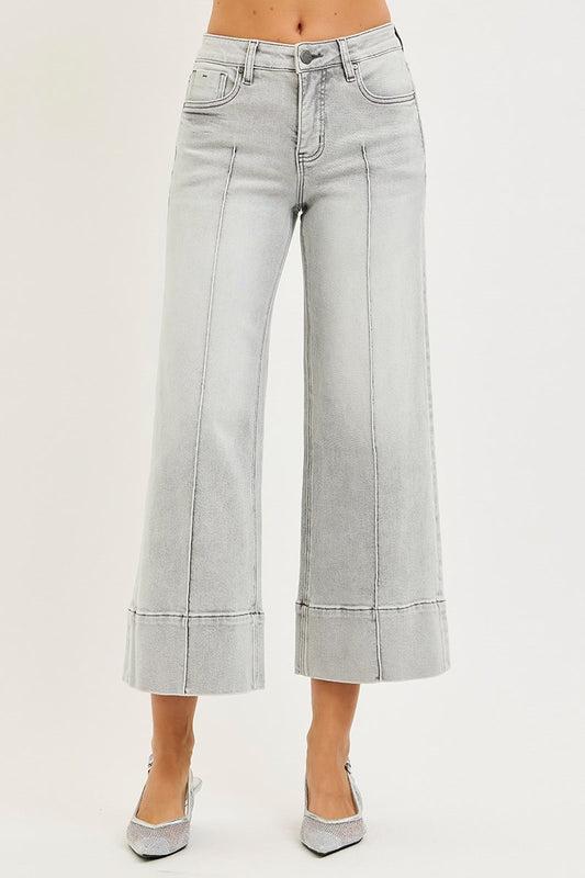 Lizzy Mid Rise Wide Light Grey Pintuck Denim