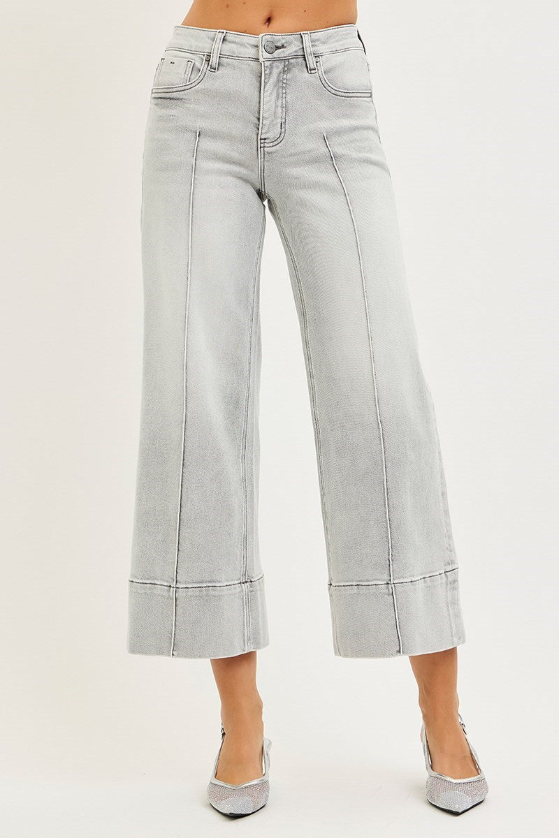 Lizzy Mid Rise Wide Light Grey Pintuck Denim