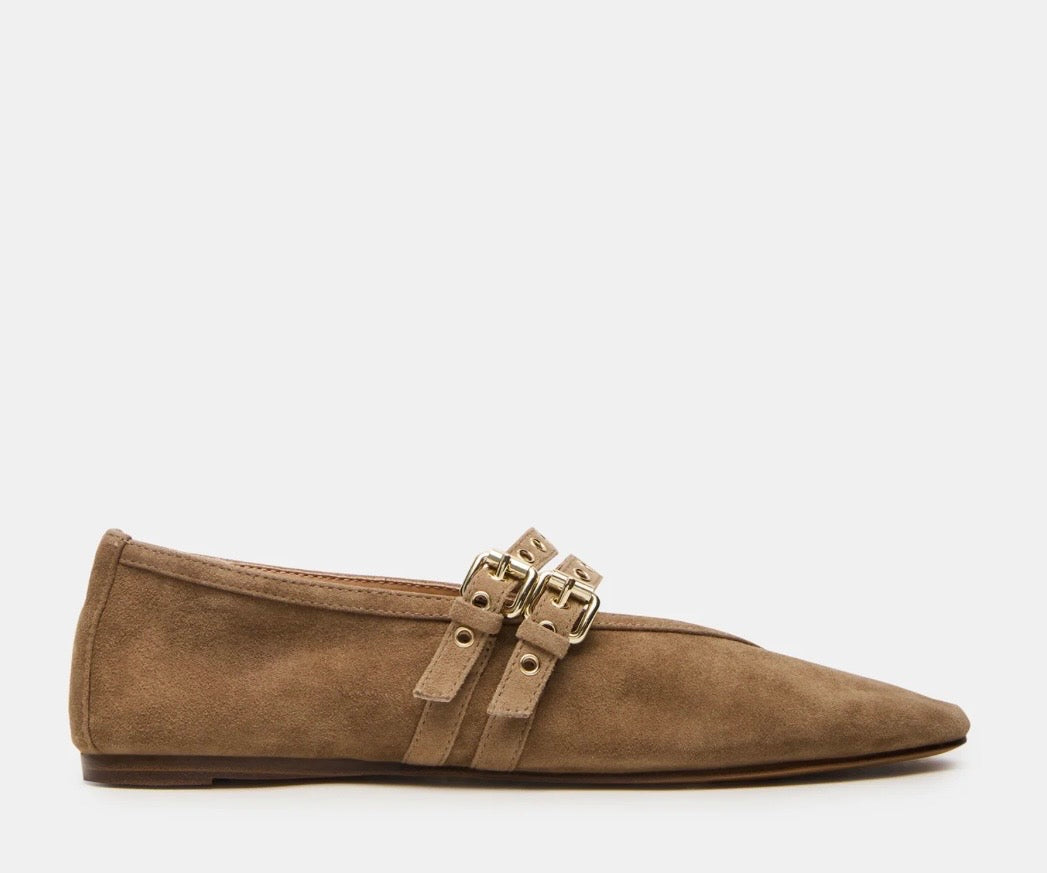LYDIA TAUPE SUEDE SQUARE TOE MARY JANE BALLET FLATS