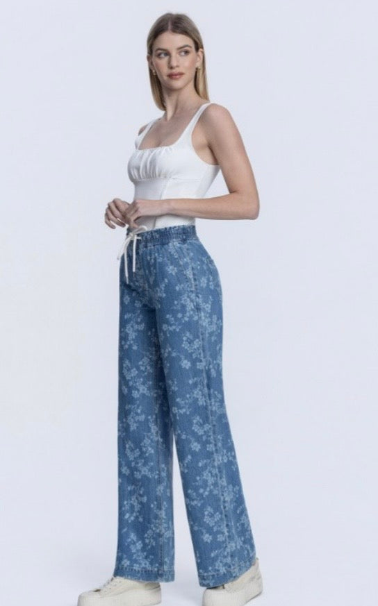 Vintage Floral HR Drawstring Pull On Wide Leg Denim