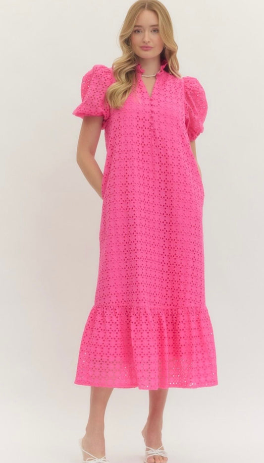 Happy Are We Hot Pink Eyelet Maxi Dress