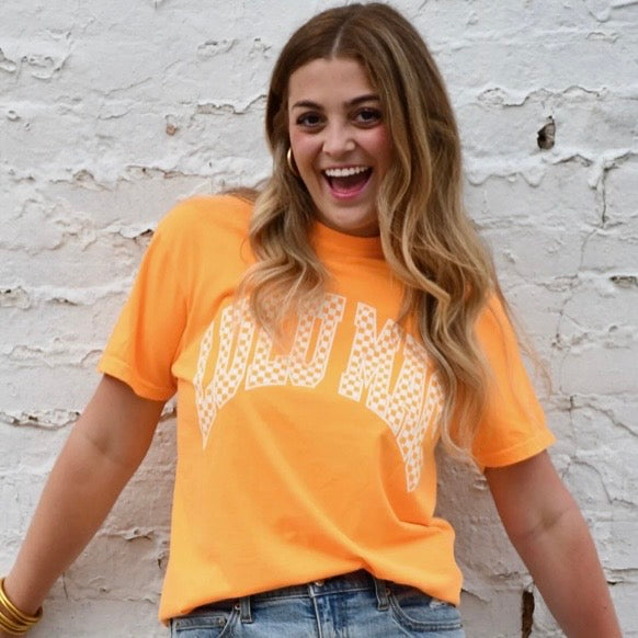 Lulu Mac Checkered Bright Orange Comfort Color Tee