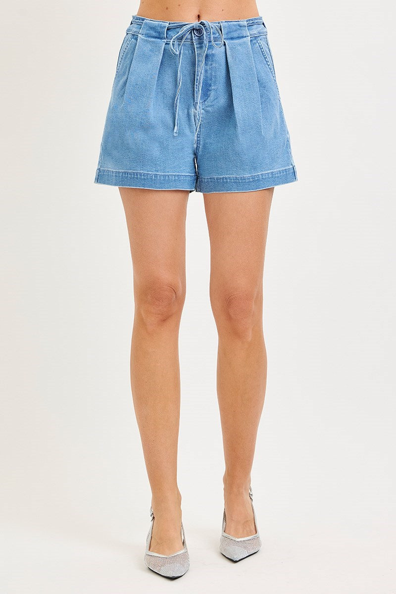 Sweet Magnolia Pleated Drawstring Denim Shorts