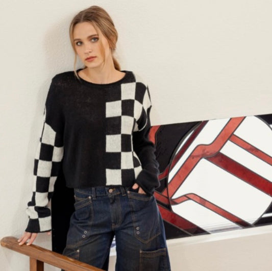 Black & White Check Colorblock LS Sweater