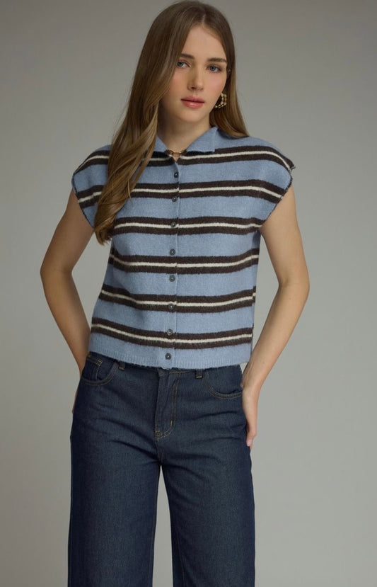 Sweet Sailor Blue Striped Button Up Top
