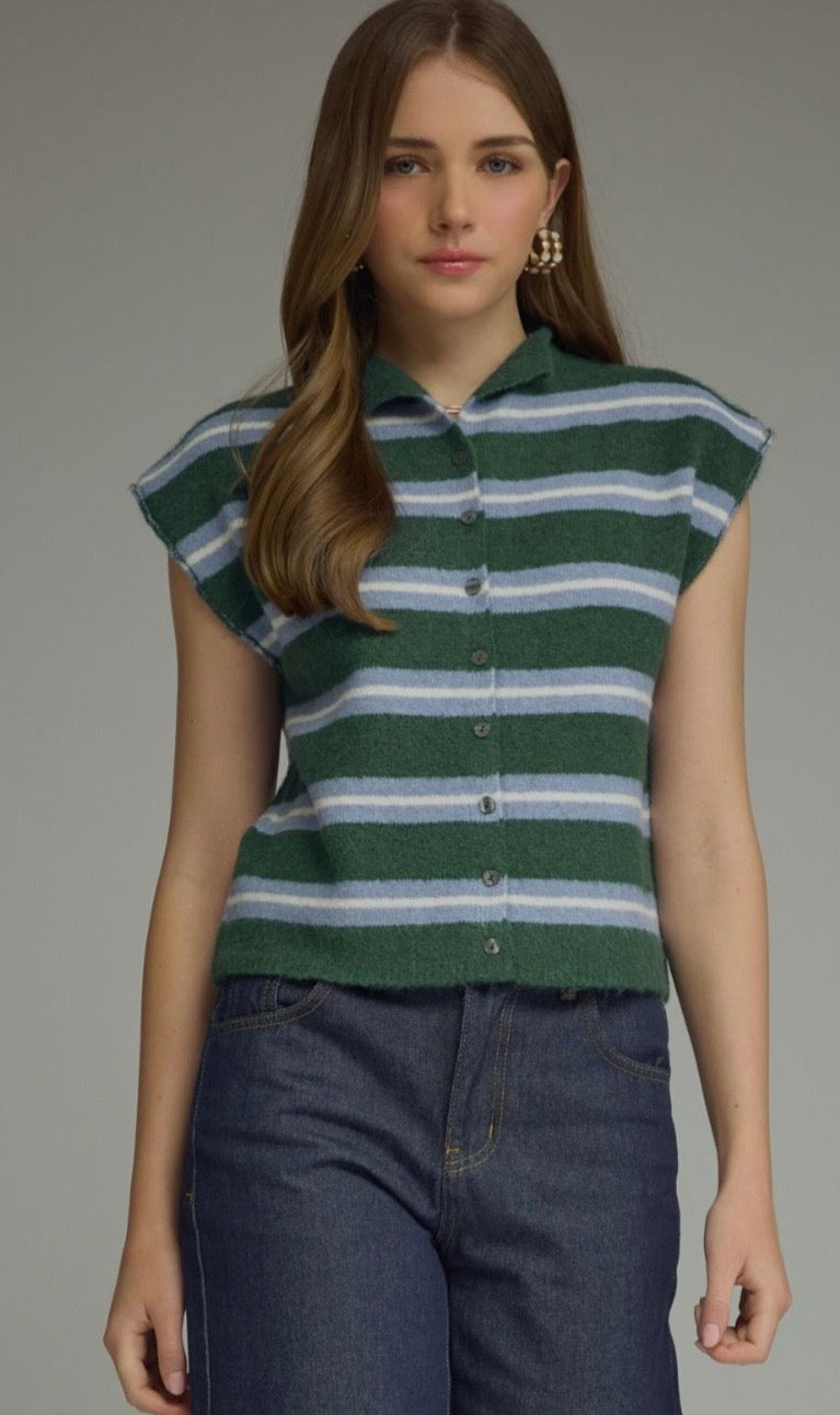 Sweet Sailor Hunter Green Striped Button Up Top