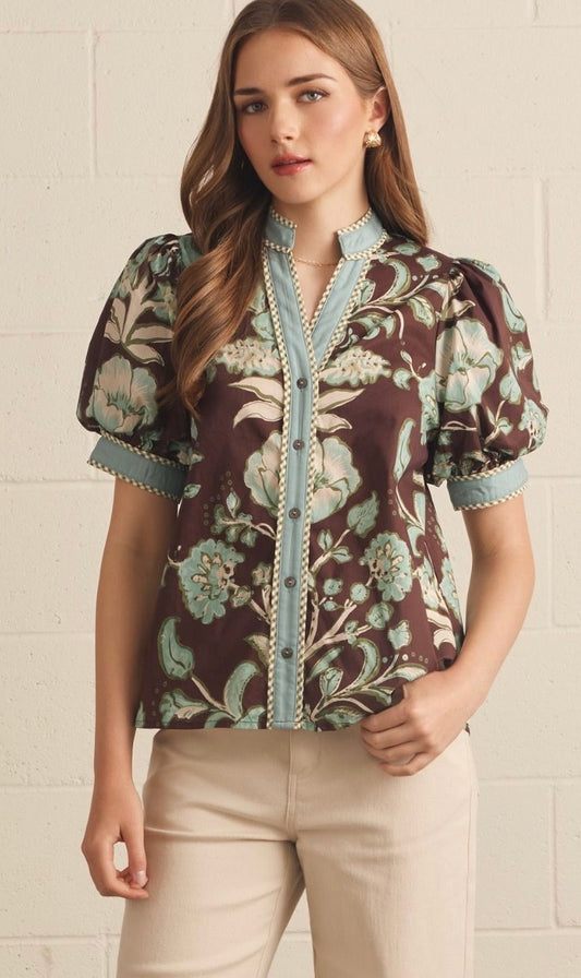 Cocoa Floral Embrace Puff Sleeve Top