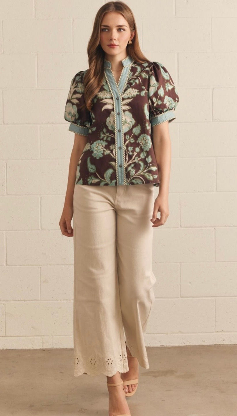 Cocoa Floral Embrace Puff Sleeve Top