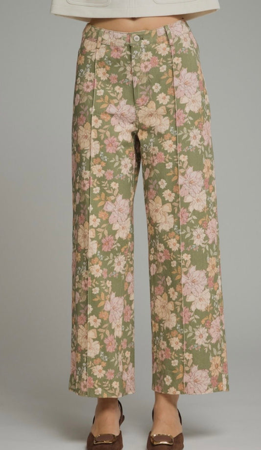 Olive Pintuck Floral Pants