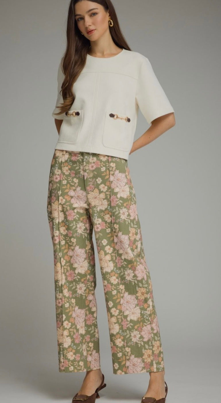 Olive Pintuck Floral Pants