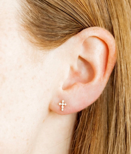 Screwback Stud Earrings - Clara Cross Gold Sparkle