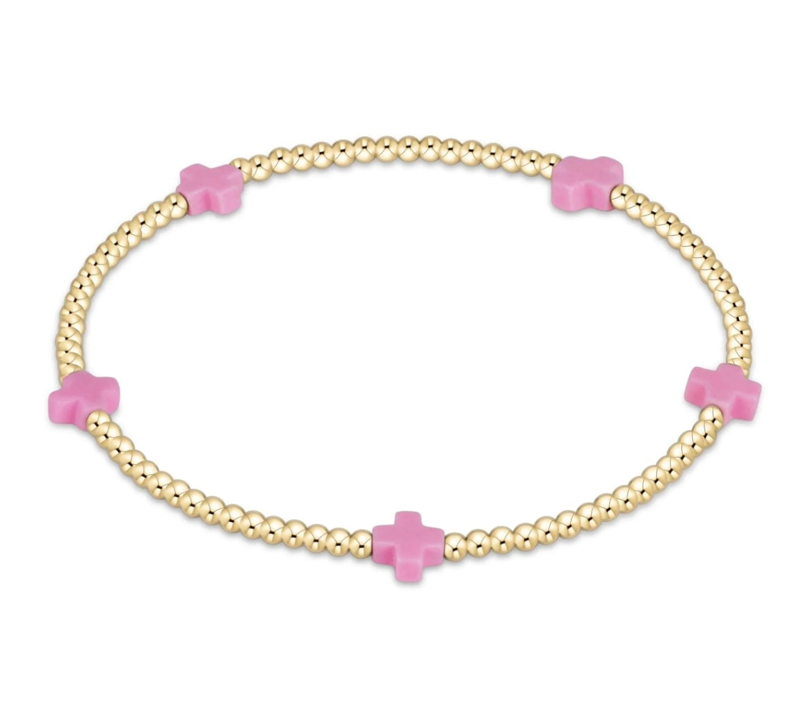 Egirl Signature Cross Small Gold Pattern 2mm Bead Bracelet - Bright Pink