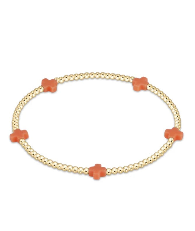Signature Cross Small Gold Pattern 2mm Bead Bracelet - Coral