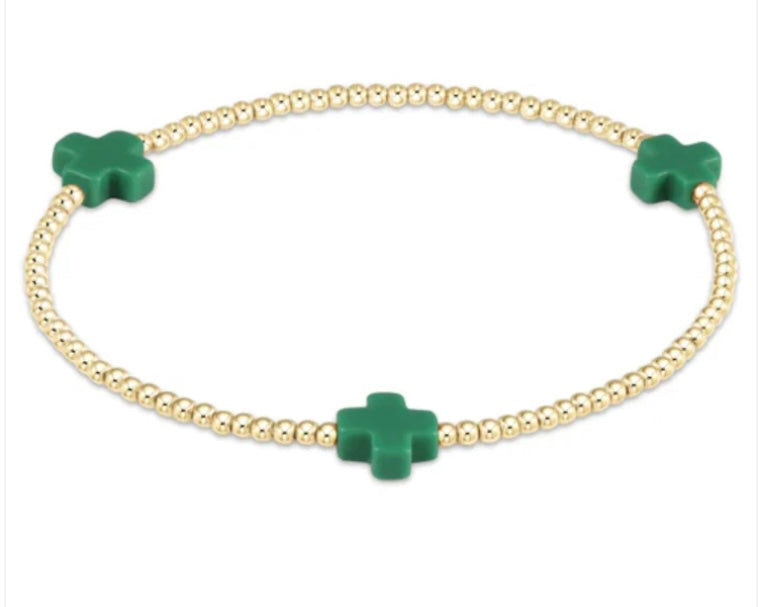 Signature Cross Gold Pattern 2mm Bead Bracelet - Emerald