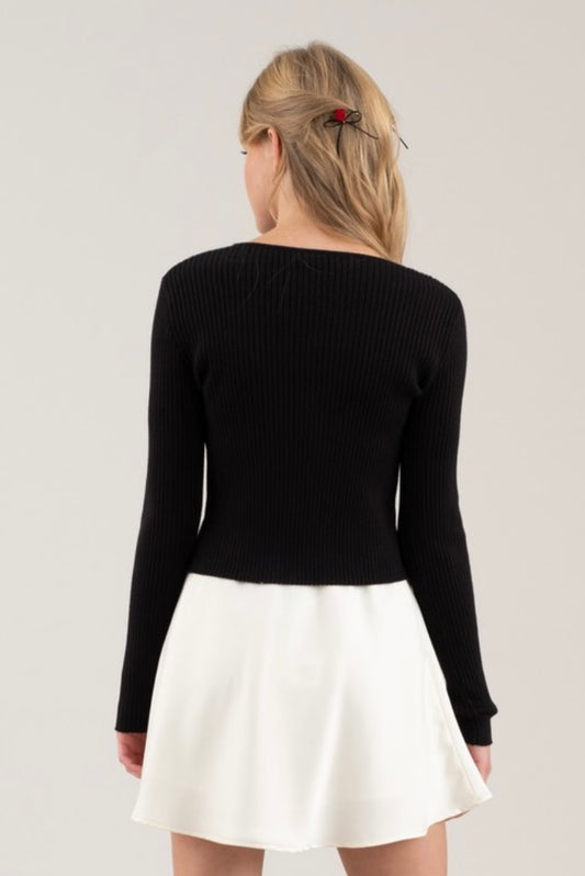 Peek A Boo Black Bow Ribbed Sweater