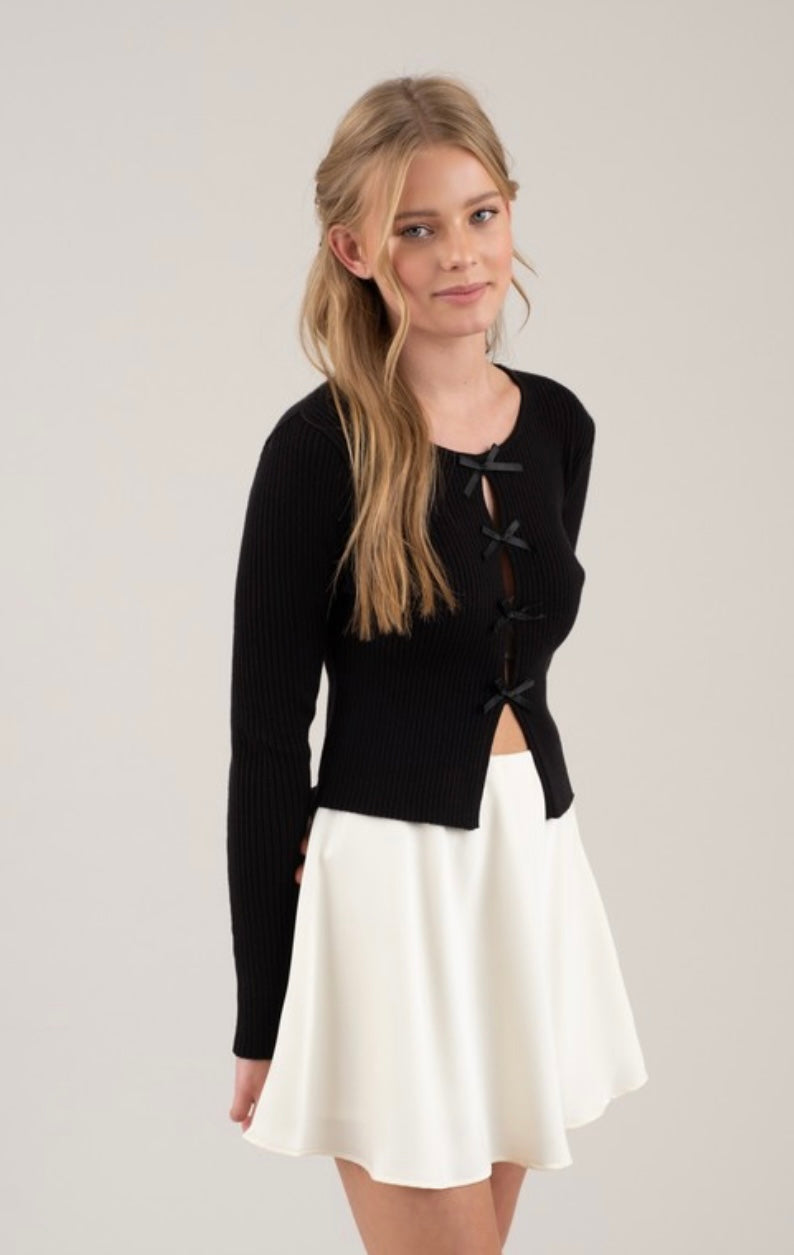 Peek A Boo Black Bow Ribbed Sweater