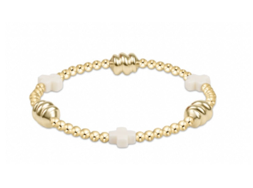 Signature Cross Admire Gold Pattern 3mm Bead Bracelet Off White