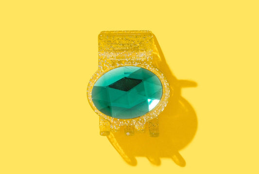 Claw Hair Clip - Sm- Gold Glitter w/ Green Stone