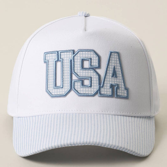 USA Gingham Embroidered Patch Stripe Brim Trucker Hat
