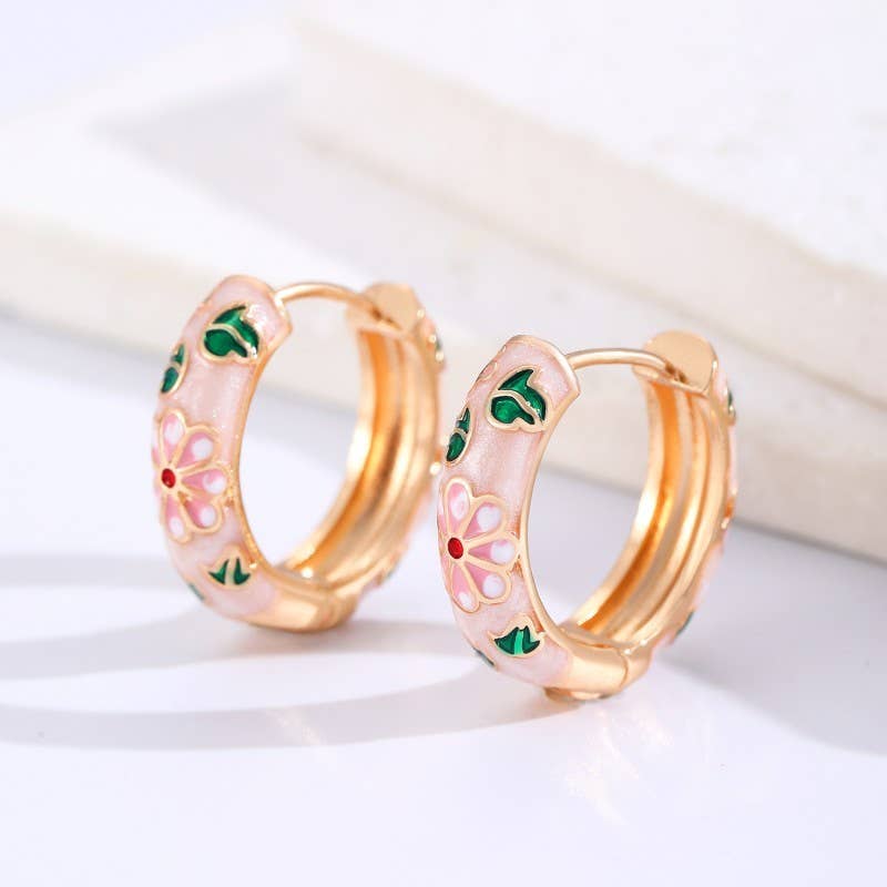 VINTAGE CLOISONNE ENAMEL FLORAL HOOP EARRINGS | 40E358: Pink