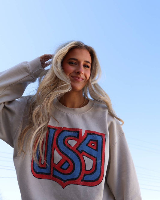 4th of July USA Monogram Sand Thrifted Graphic Sweatshirt