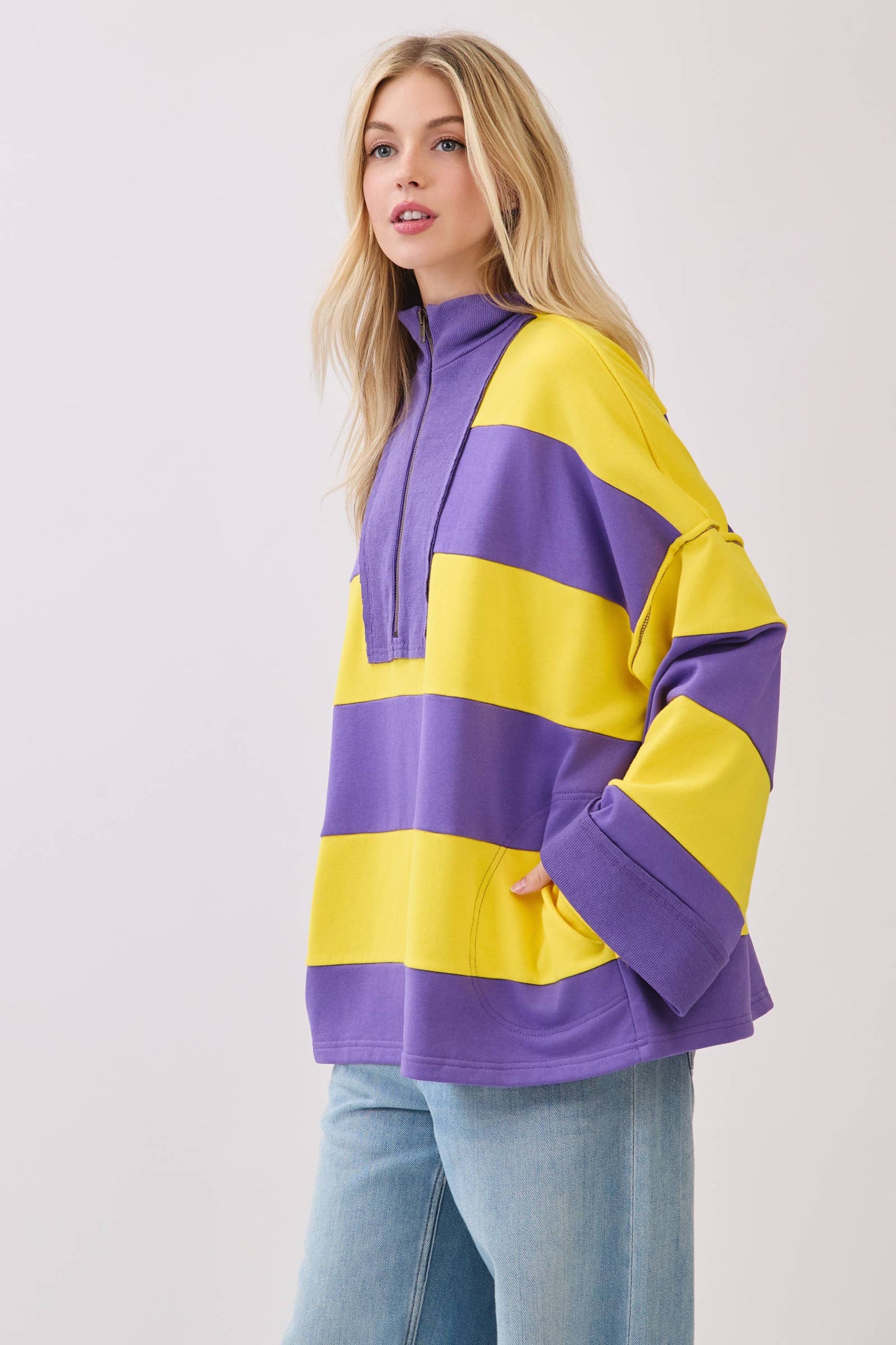 Purple & Gold Varsity Stripe Zip Pullover