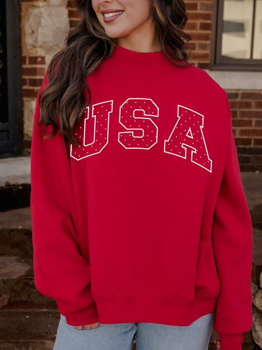 USA Polka Dot Puff Red Mock Neck Sweatshirt