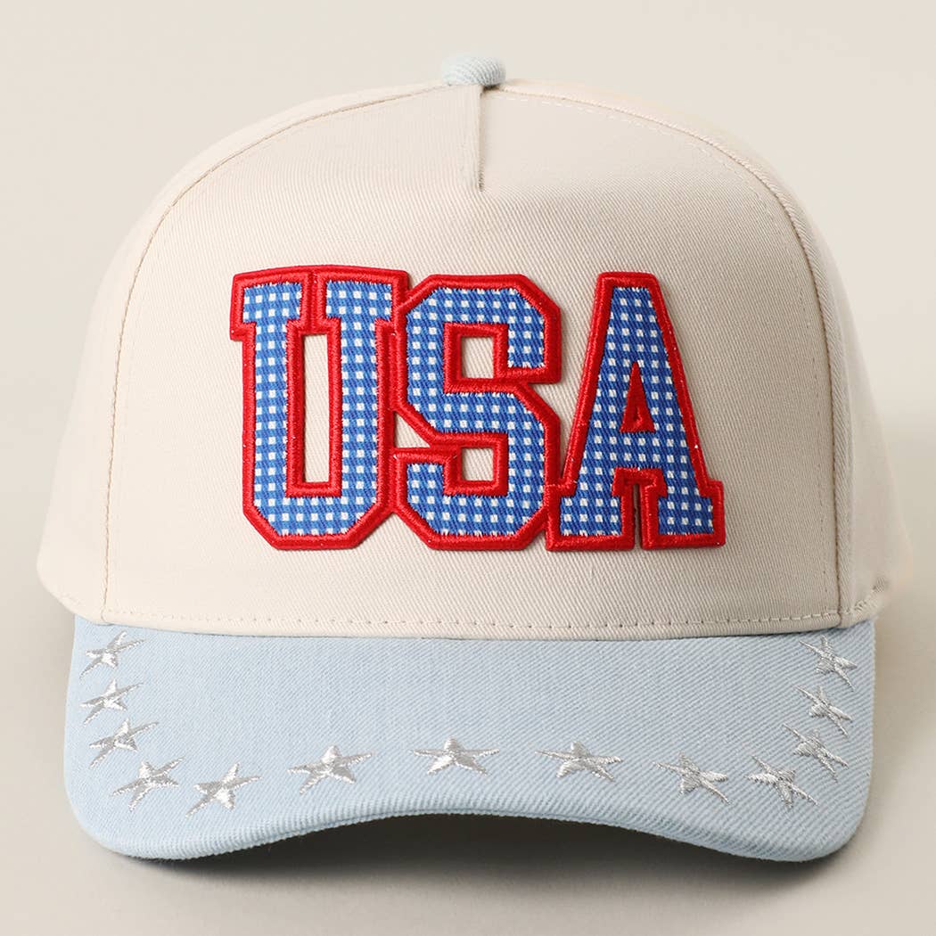 USA Gingham Letter Patch Star Brim Denim Cap