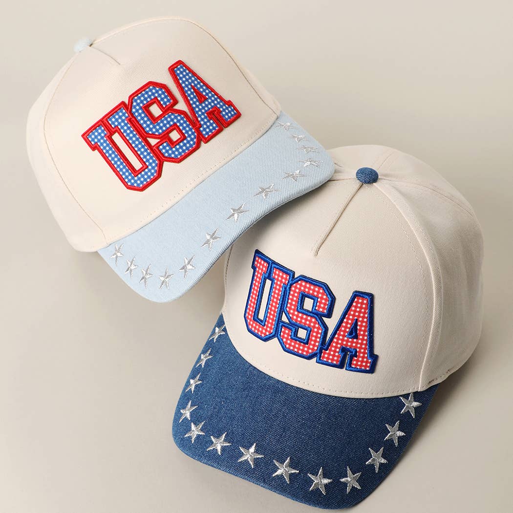 USA Gingham Letter Patch Star Brim Denim Cap