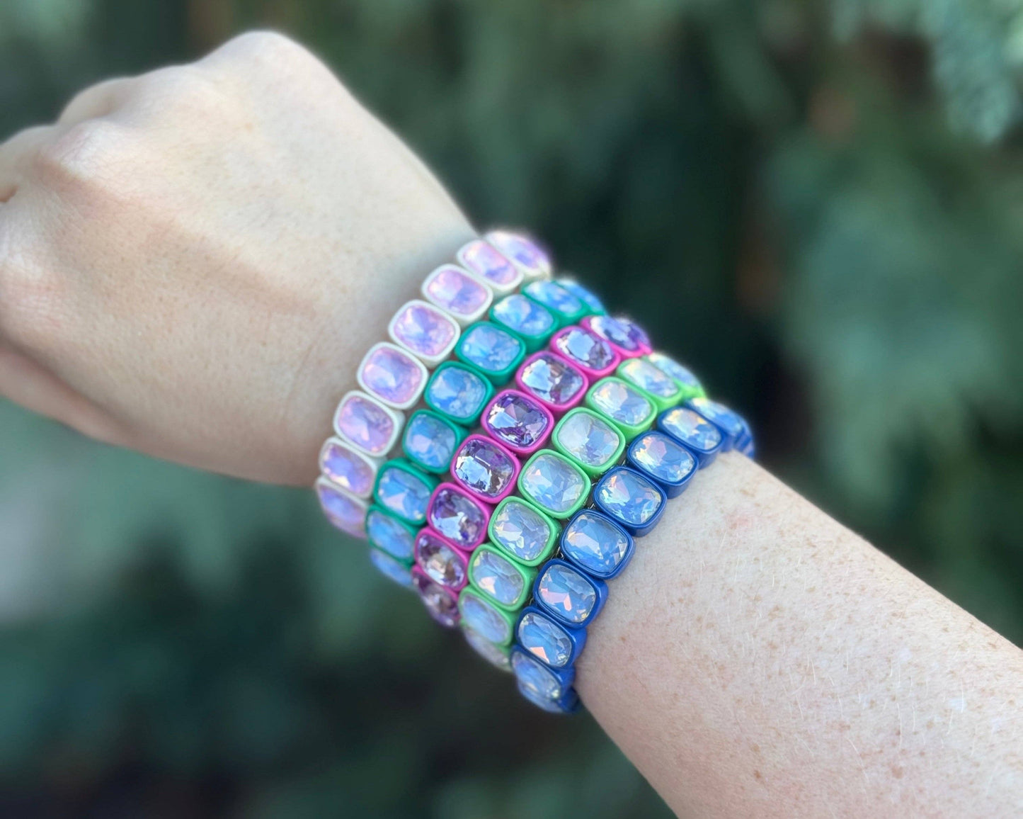 Enamel Stretch Bracelet - Square Gems - Layla - White