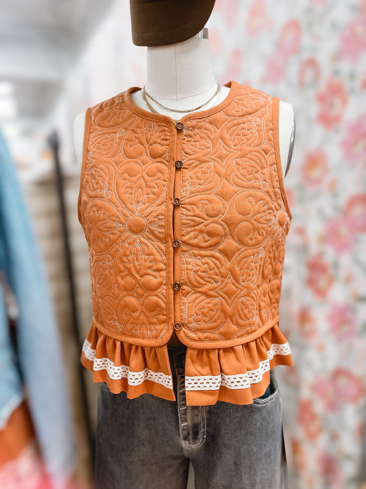 Terracotta Floral Ruffle Trim Quilted Vest