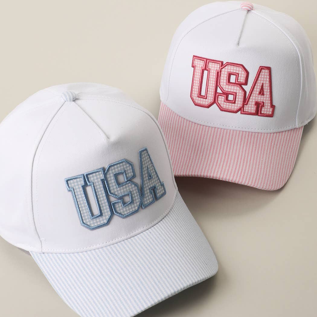 USA Gingham Embroidered Patch Stripe Brim Trucker Hat